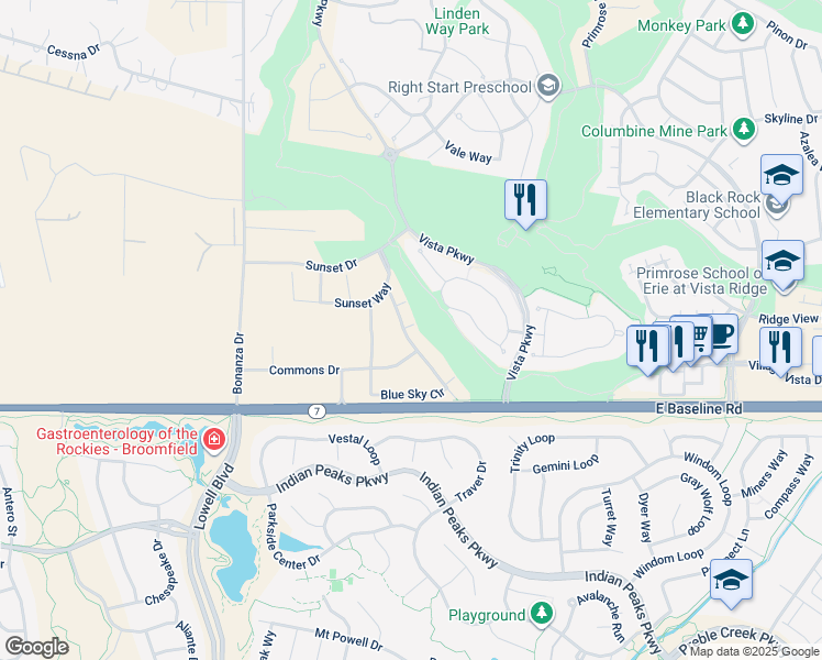 map of restaurants, bars, coffee shops, grocery stores, and more near 3000 Blue sky Circle in Erie