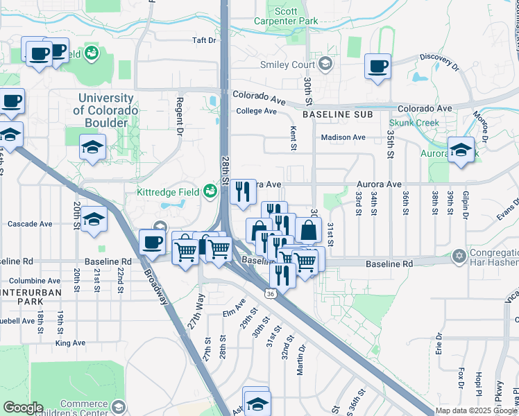 map of restaurants, bars, coffee shops, grocery stores, and more near 805 29th Street in Boulder