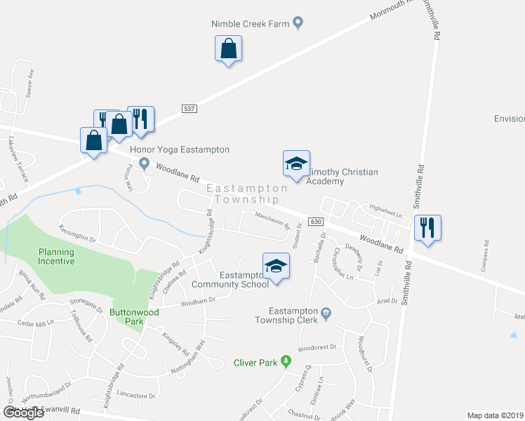 map of restaurants, bars, coffee shops, grocery stores, and more near 50 Manchester Road in Mount Holly