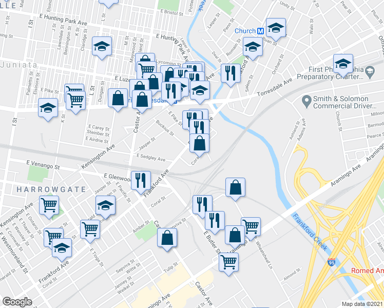 map of restaurants, bars, coffee shops, grocery stores, and more near 3831 Coral Street in Philadelphia