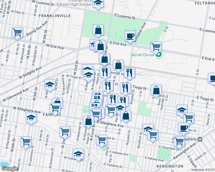 map of restaurants, bars, coffee shops, grocery stores, and more near 3422 North Water Street in Philadelphia