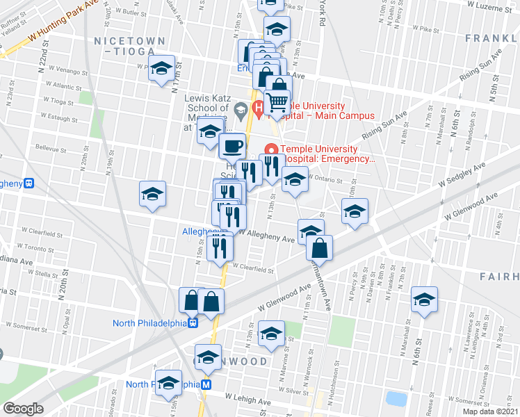 map of restaurants, bars, coffee shops, grocery stores, and more near 3219 North Park Avenue in Philadelphia