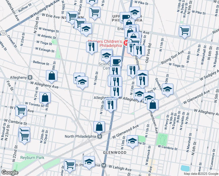 map of restaurants, bars, coffee shops, grocery stores, and more near 1511 West Allegheny Avenue in Philadelphia