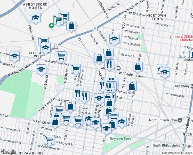 map of restaurants, bars, coffee shops, grocery stores, and more near 2400 West Clearfield Street in Philadelphia