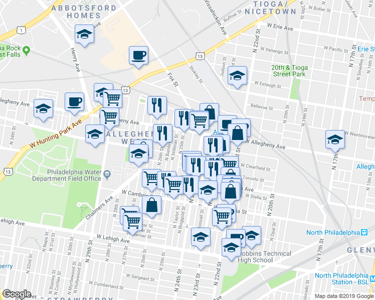 map of restaurants, bars, coffee shops, grocery stores, and more near 2453 West Toronto Street in Philadelphia