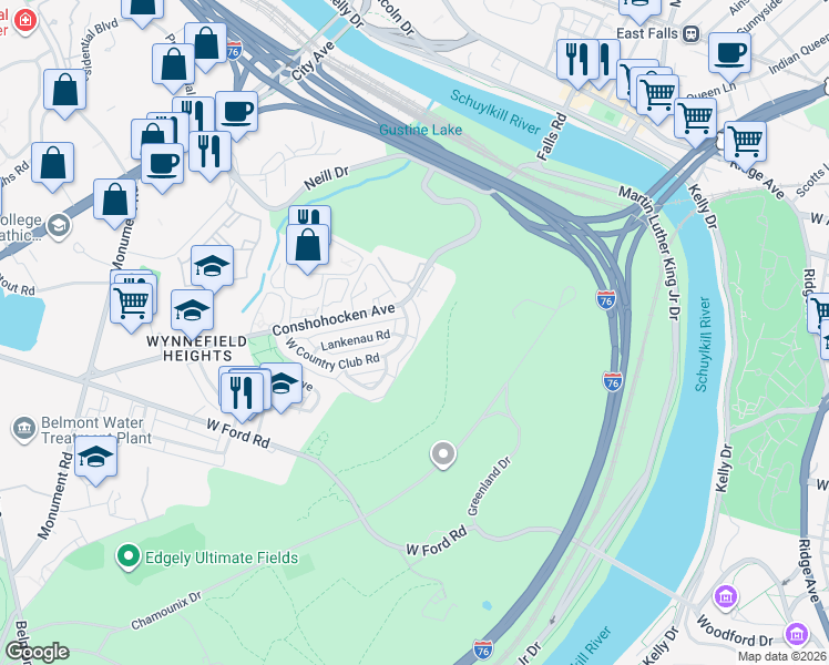 map of restaurants, bars, coffee shops, grocery stores, and more near 2725 East Country Club Road in Philadelphia