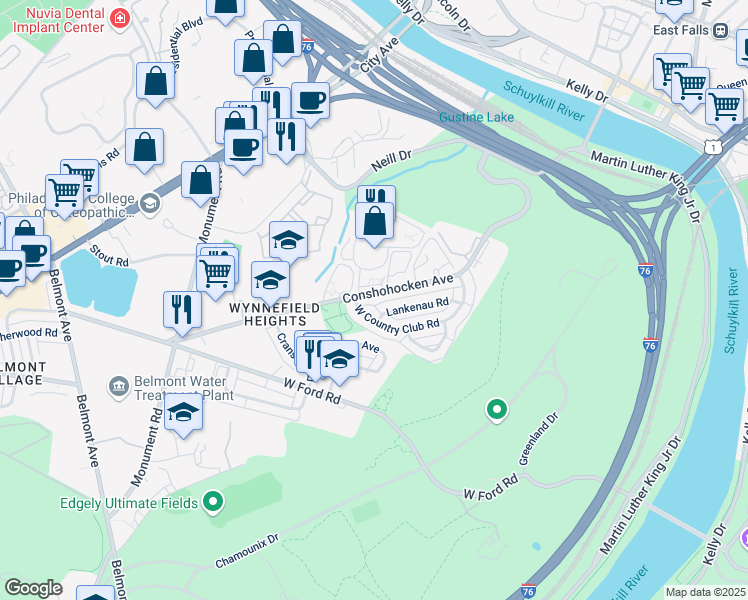 map of restaurants, bars, coffee shops, grocery stores, and more near 3866 Conshohocken Avenue in Philadelphia