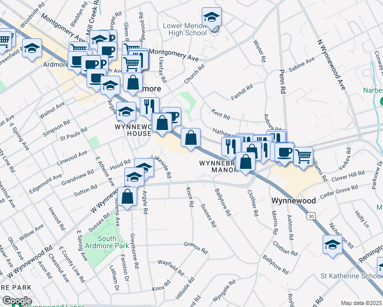 map of restaurants, bars, coffee shops, grocery stores, and more near 300 Lancaster Avenue in Wynnewood