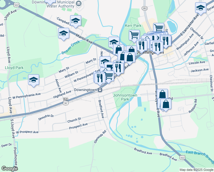 map of restaurants, bars, coffee shops, grocery stores, and more near 136 Viaduct Avenue in Downingtown