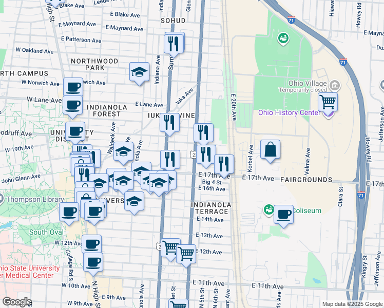 map of restaurants, bars, coffee shops, grocery stores, and more near 331 East 18th Avenue in Columbus