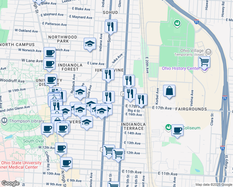 map of restaurants, bars, coffee shops, grocery stores, and more near 331 East 18th Avenue in Columbus