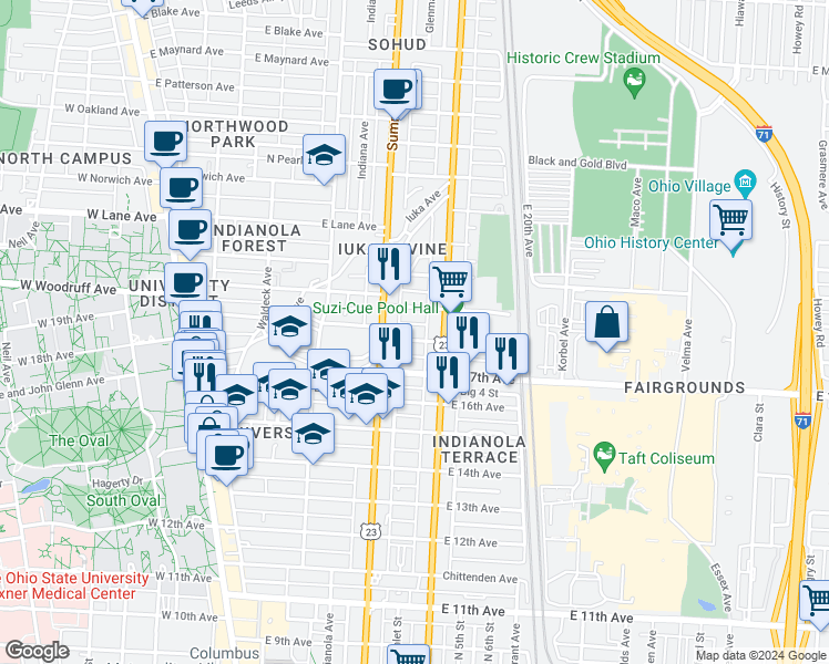 map of restaurants, bars, coffee shops, grocery stores, and more near 331 East 18th Avenue in Columbus