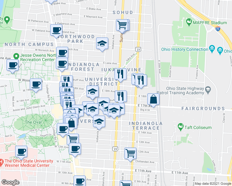map of restaurants, bars, coffee shops, grocery stores, and more near in Columbus