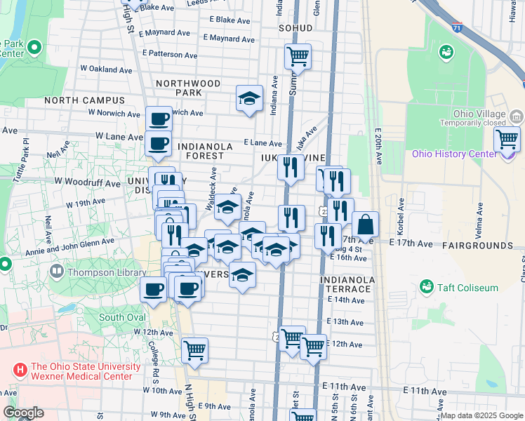 map of restaurants, bars, coffee shops, grocery stores, and more near 218 East 17th Avenue in Columbus