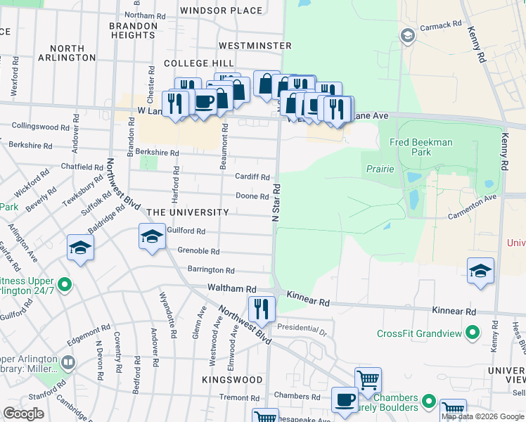 map of restaurants, bars, coffee shops, grocery stores, and more near 1491 Essex Road in Columbus