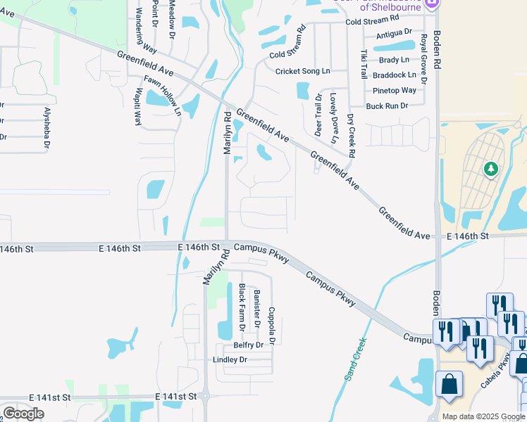map of restaurants, bars, coffee shops, grocery stores, and more near 12221 Sir Barton Drive in Noblesville