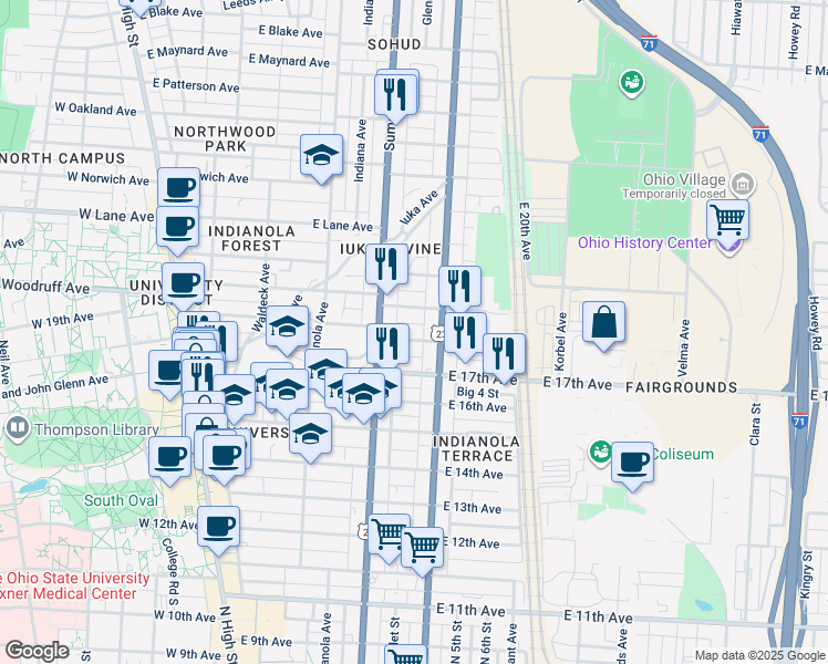 map of restaurants, bars, coffee shops, grocery stores, and more near 328 East 18th Avenue in Columbus