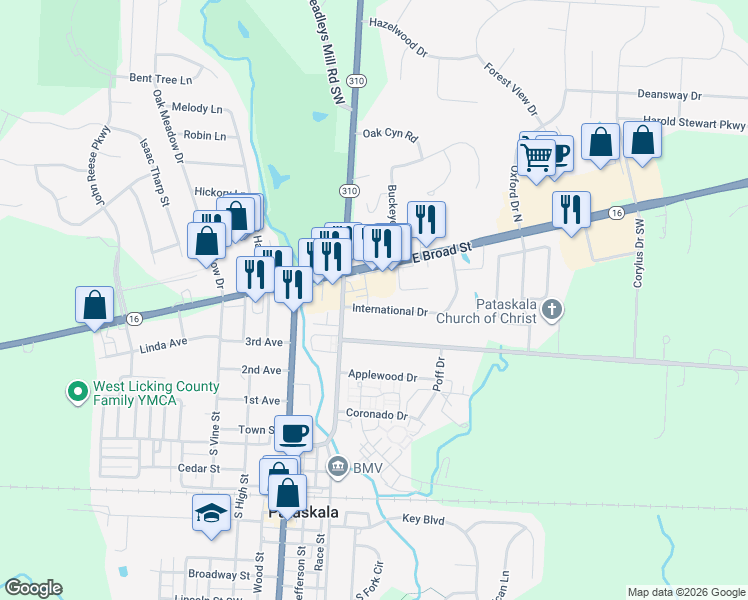 map of restaurants, bars, coffee shops, grocery stores, and more near 137 International Drive in Pataskala