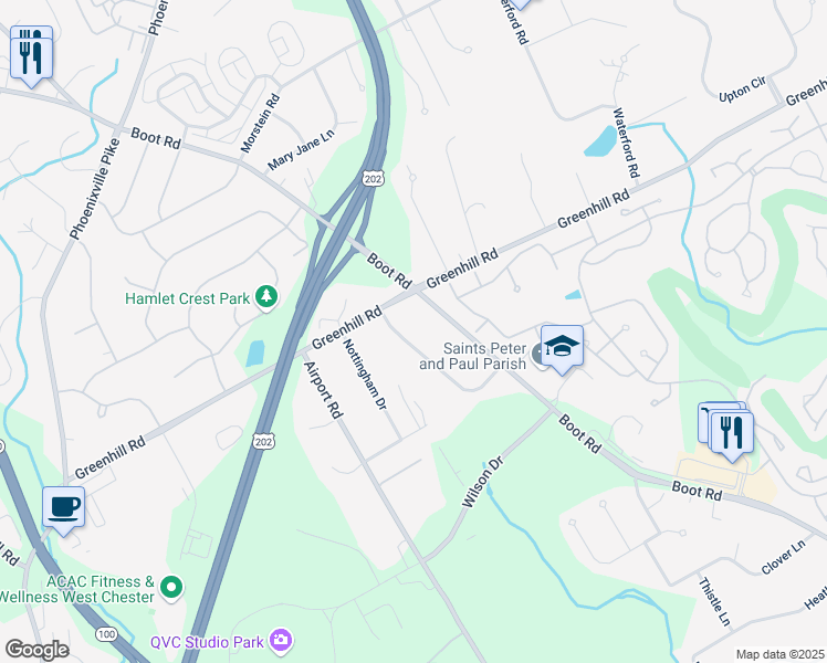 map of restaurants, bars, coffee shops, grocery stores, and more near 1125 Windsor Drive in West Chester