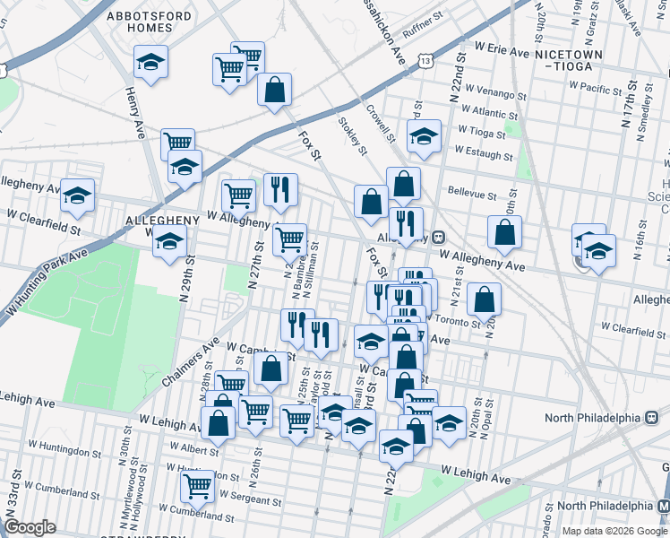 map of restaurants, bars, coffee shops, grocery stores, and more near 2453 West Toronto Street in Philadelphia