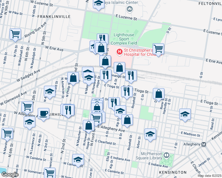 map of restaurants, bars, coffee shops, grocery stores, and more near 3459 North Water Street in Philadelphia