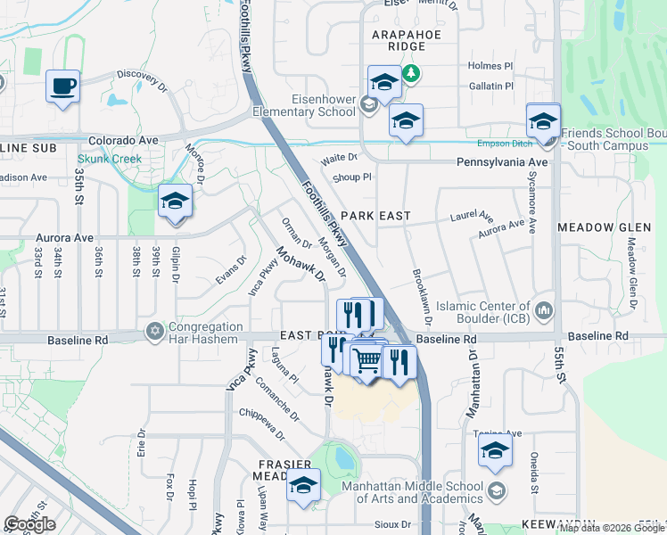 map of restaurants, bars, coffee shops, grocery stores, and more near 755 Morgan Drive in Boulder