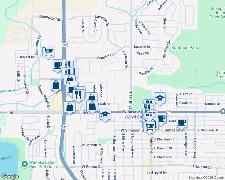 map of restaurants, bars, coffee shops, grocery stores, and more near 406 Bermont Street in Lafayette