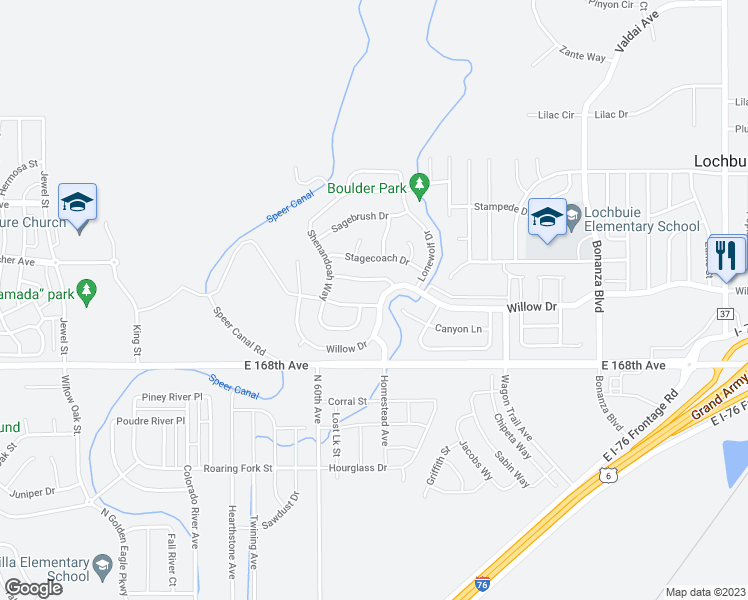 map of restaurants, bars, coffee shops, grocery stores, and more near 802 Sunrise Drive in Lochbuie