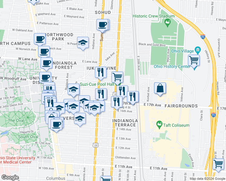 map of restaurants, bars, coffee shops, grocery stores, and more near 1919 North 4th Street in Columbus