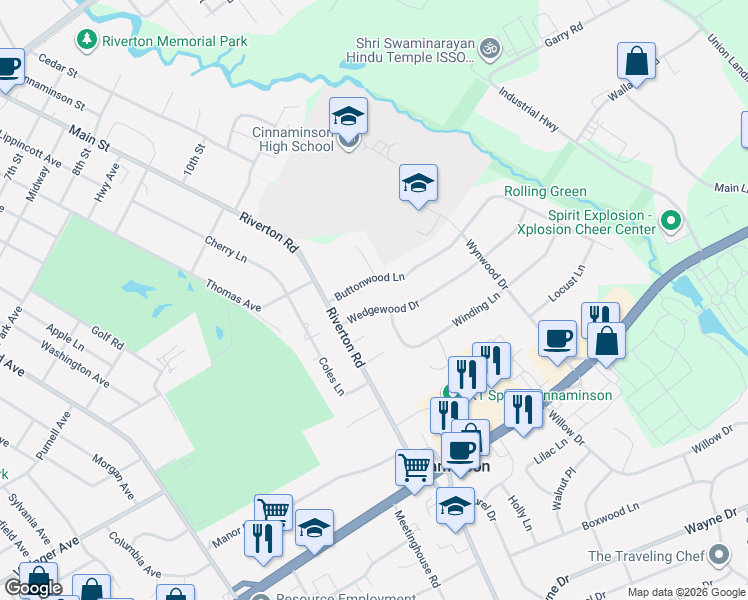 map of restaurants, bars, coffee shops, grocery stores, and more near 50 Wedgewood Drive in Cinnaminson