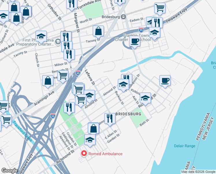 map of restaurants, bars, coffee shops, grocery stores, and more near 4533 Almond Street in Philadelphia
