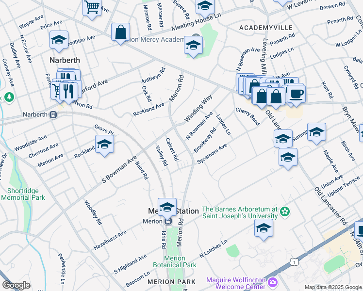 map of restaurants, bars, coffee shops, grocery stores, and more near 421 Brookway Road in Merion Station