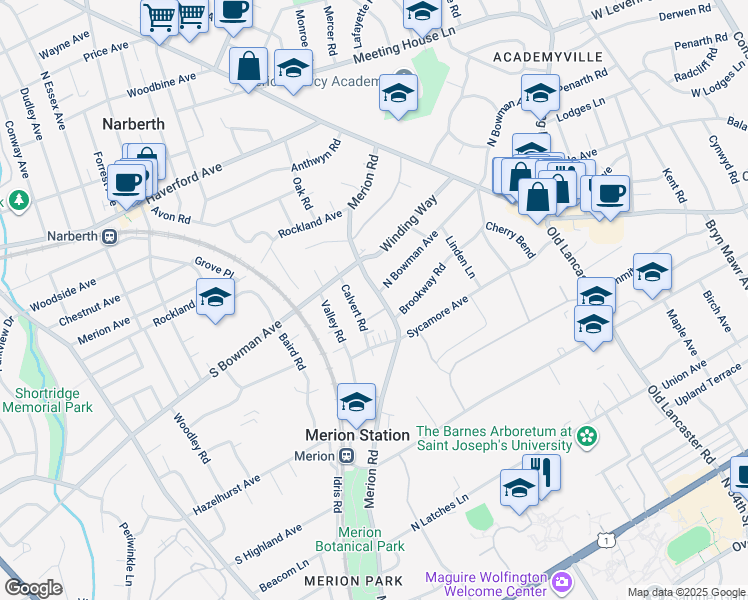 map of restaurants, bars, coffee shops, grocery stores, and more near 348 Merion Road in Merion Station
