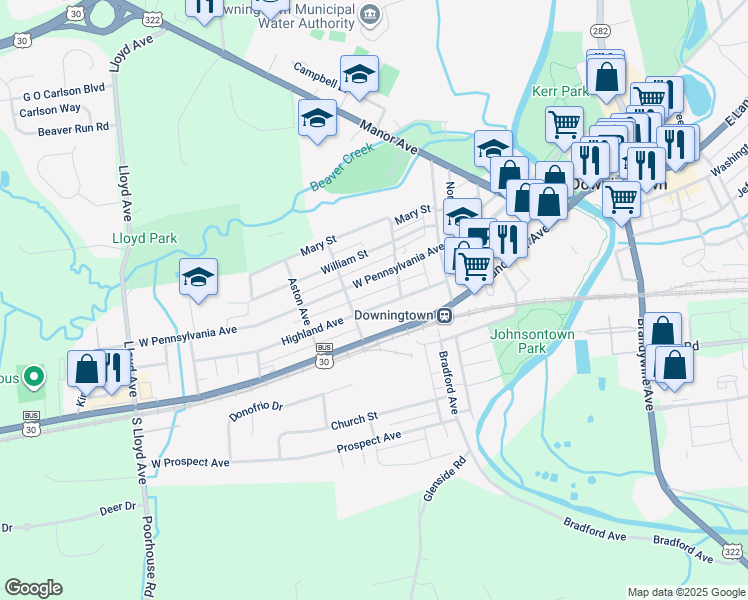 map of restaurants, bars, coffee shops, grocery stores, and more near 263 Highland Avenue in Downingtown