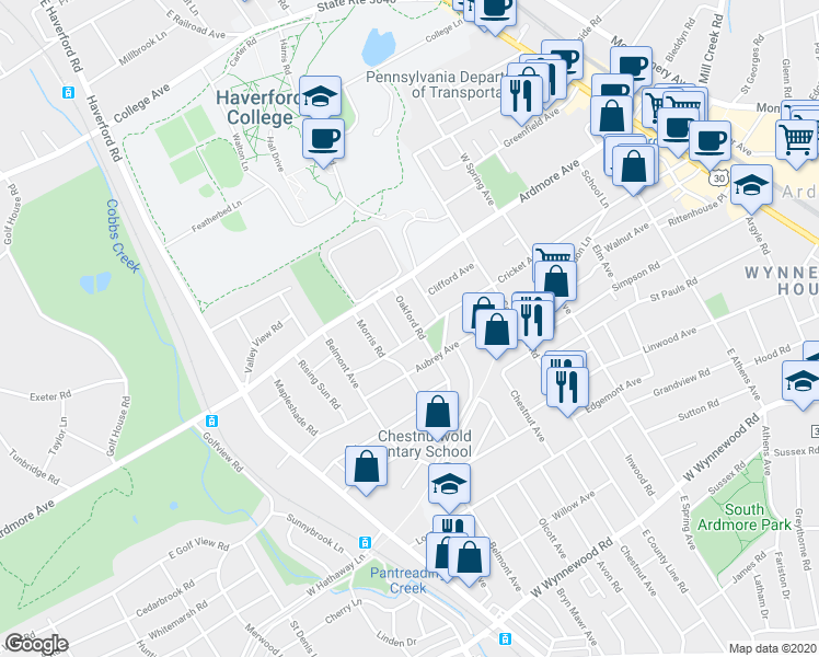 map of restaurants, bars, coffee shops, grocery stores, and more near 2922 Oakford Road in Ardmore