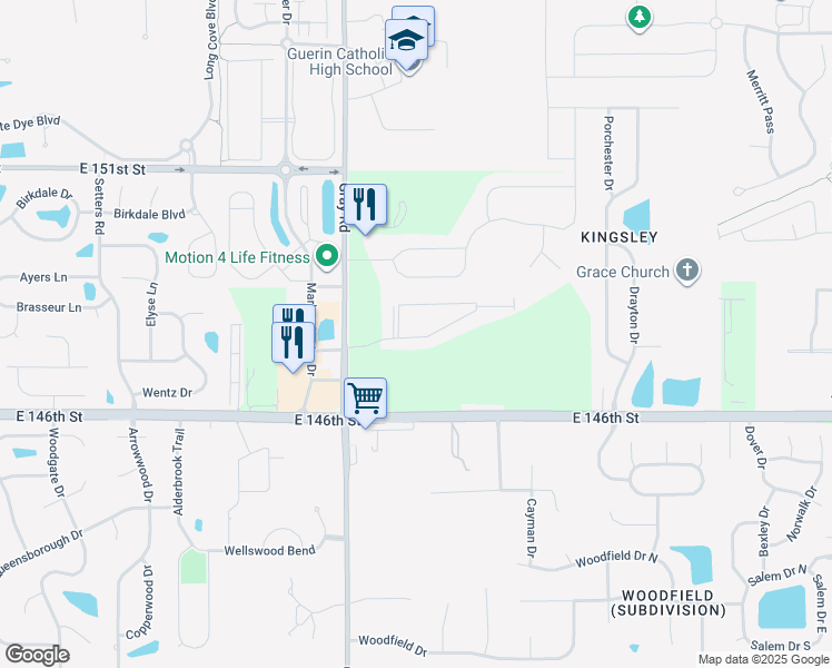 map of restaurants, bars, coffee shops, grocery stores, and more near 4940 Webster Drive in Noblesville
