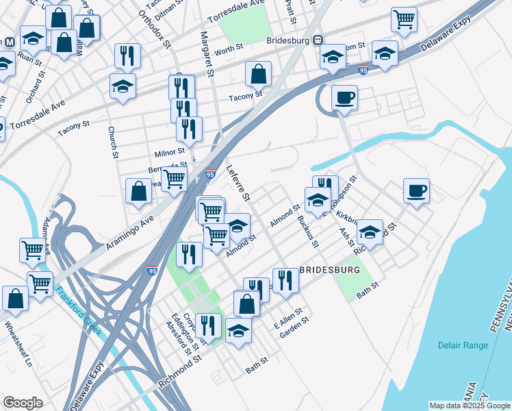map of restaurants, bars, coffee shops, grocery stores, and more near 2519 Lefevre Street in Philadelphia