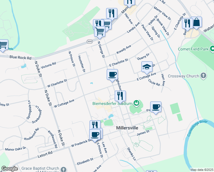 map of restaurants, bars, coffee shops, grocery stores, and more near 19 West Cottage Avenue in Millersville