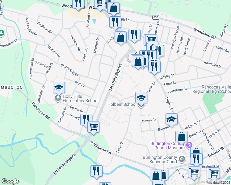 map of restaurants, bars, coffee shops, grocery stores, and more near 401 Kirby Court in Mount Holly
