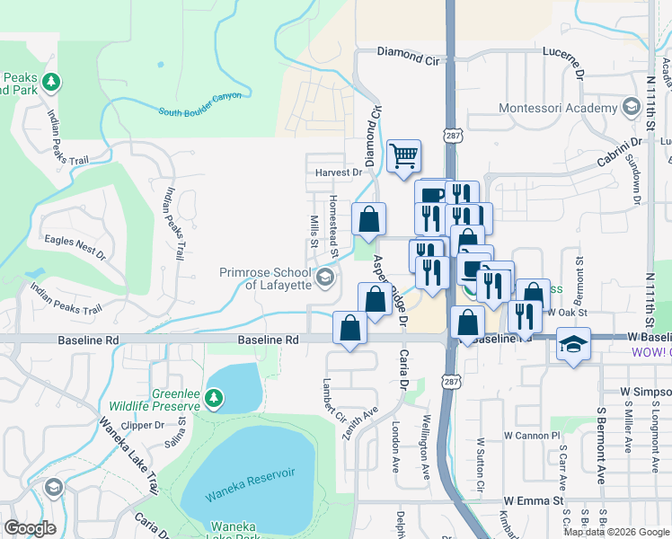 map of restaurants, bars, coffee shops, grocery stores, and more near 1512 Cottonwood Avenue in Lafayette