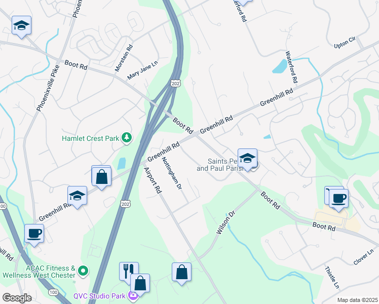 map of restaurants, bars, coffee shops, grocery stores, and more near 1133 Windsor Drive in West Chester