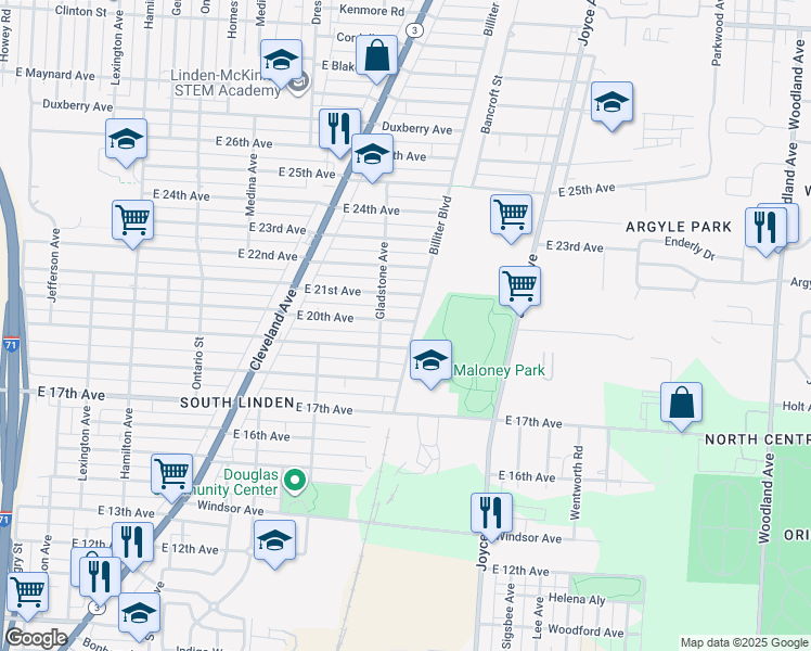map of restaurants, bars, coffee shops, grocery stores, and more near 1429 East 19th Avenue in Columbus