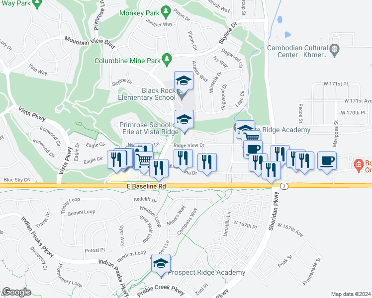 map of restaurants, bars, coffee shops, grocery stores, and more near 2805 Ridge View Drive in Erie
