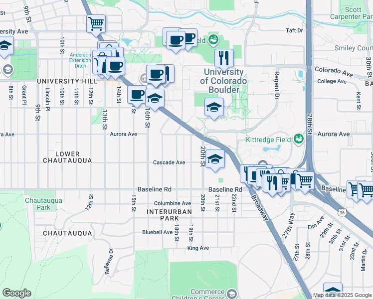 map of restaurants, bars, coffee shops, grocery stores, and more near in Boulder