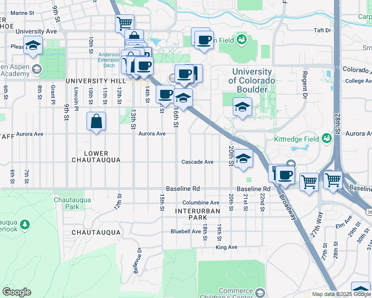 map of restaurants, bars, coffee shops, grocery stores, and more near 805 17th Street in Boulder
