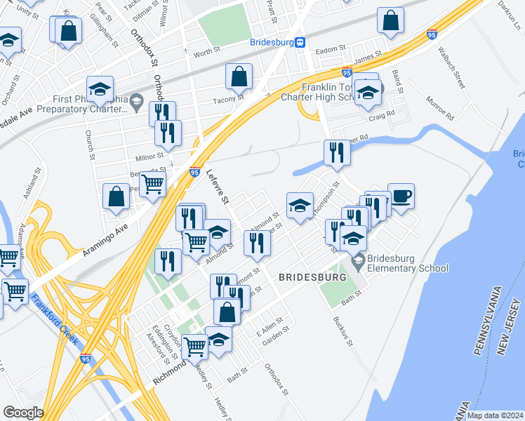 map of restaurants, bars, coffee shops, grocery stores, and more near 4533 Almond Street in Philadelphia