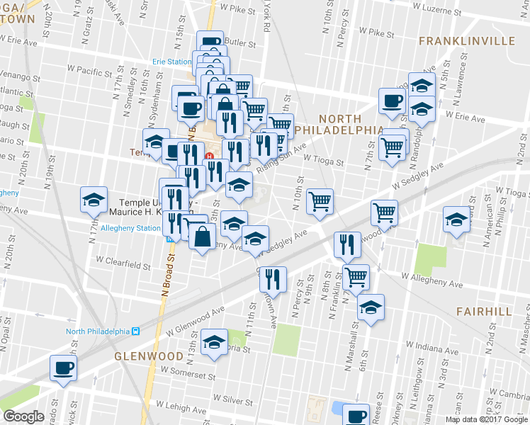 map of restaurants, bars, coffee shops, grocery stores, and more near 3255 North 11th Street in Philadelphia