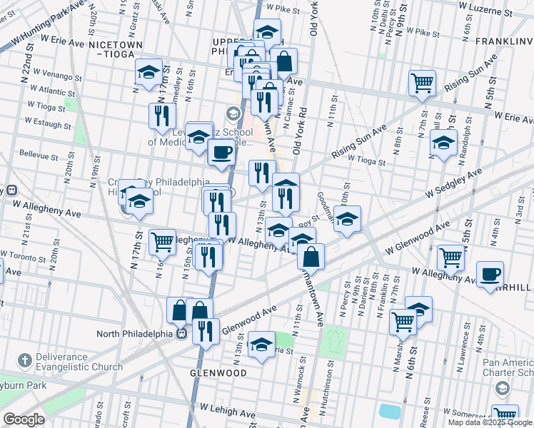 map of restaurants, bars, coffee shops, grocery stores, and more near 1239 West Hilton Street in Philadelphia