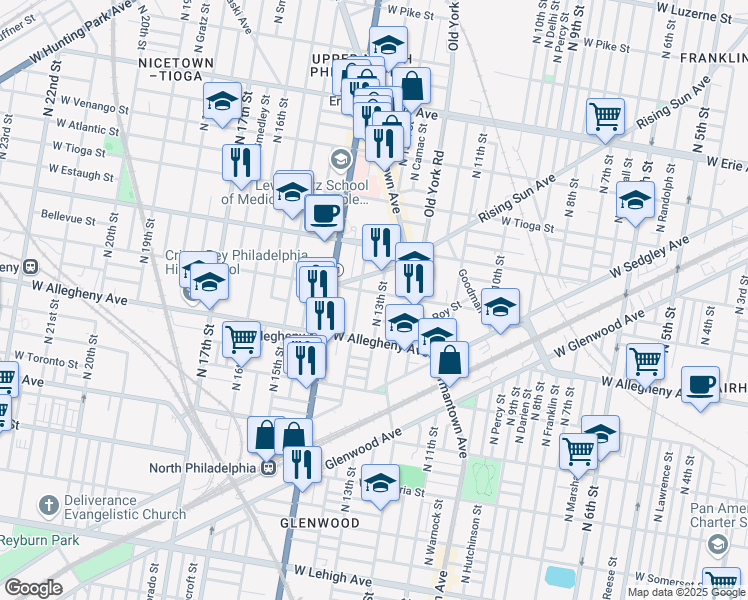 map of restaurants, bars, coffee shops, grocery stores, and more near 1239 West Hilton Street in Philadelphia