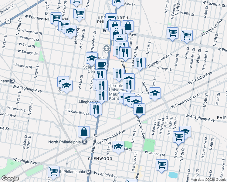 map of restaurants, bars, coffee shops, grocery stores, and more near 3219 North Park Avenue in Philadelphia